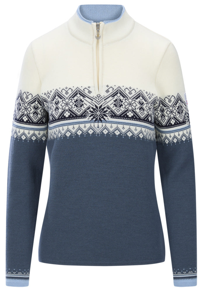 Dale of Norway Women's Moritz Sweater in Steel Offwhite Marine with classic Nordic pattern, made from 100% skin-soft merino wool.