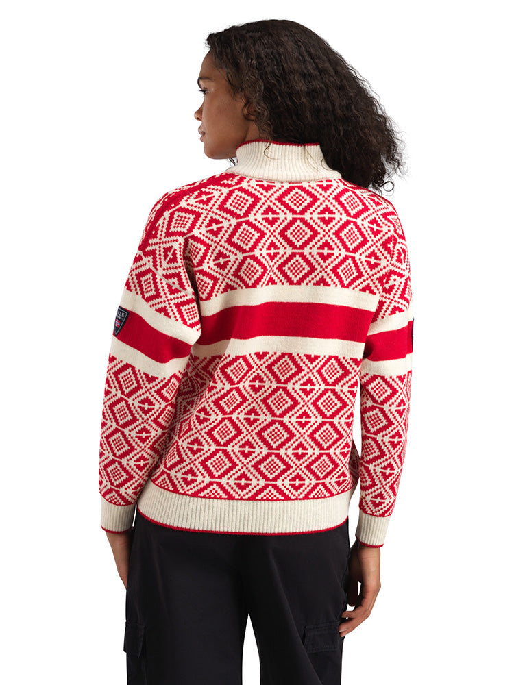 Dale of Norway Women's Team Norway Cortina Sweater in Raspberry Offwhite featuring the iconic Norwegian Cortina pattern.