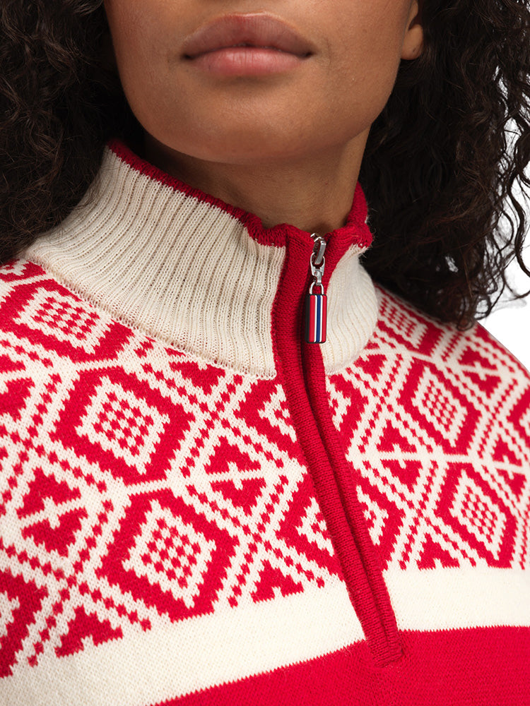 Dale of Norway Women's Team Norway Cortina Sweater in Raspberry Offwhite featuring the iconic Norwegian Cortina pattern.