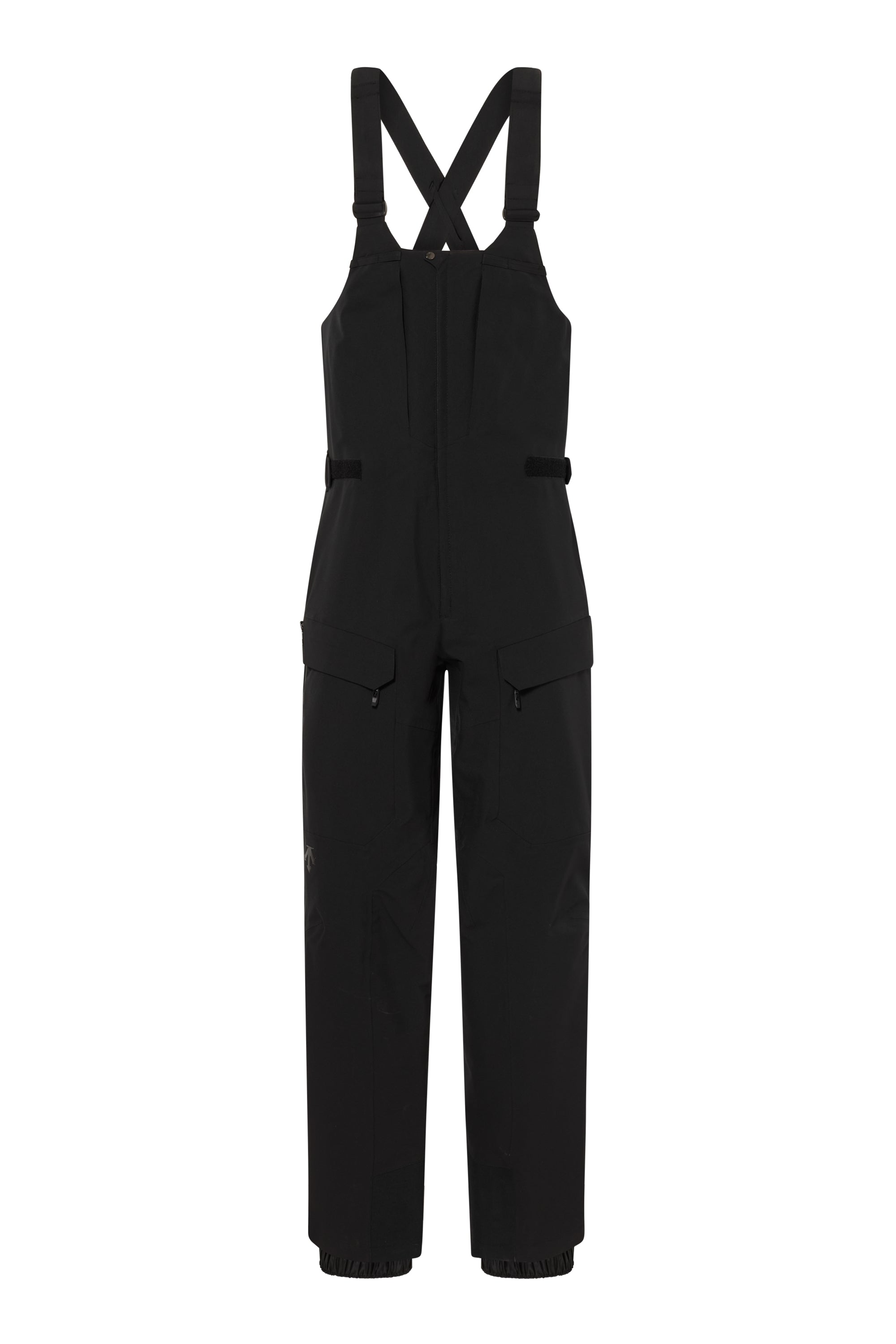 A pair of black Descente Men's 3L Hard Shell Bib Ski Pants that feature 20K breathability and 20K waterproofing, a premium 4-way stretch fabric, and included suspenders.