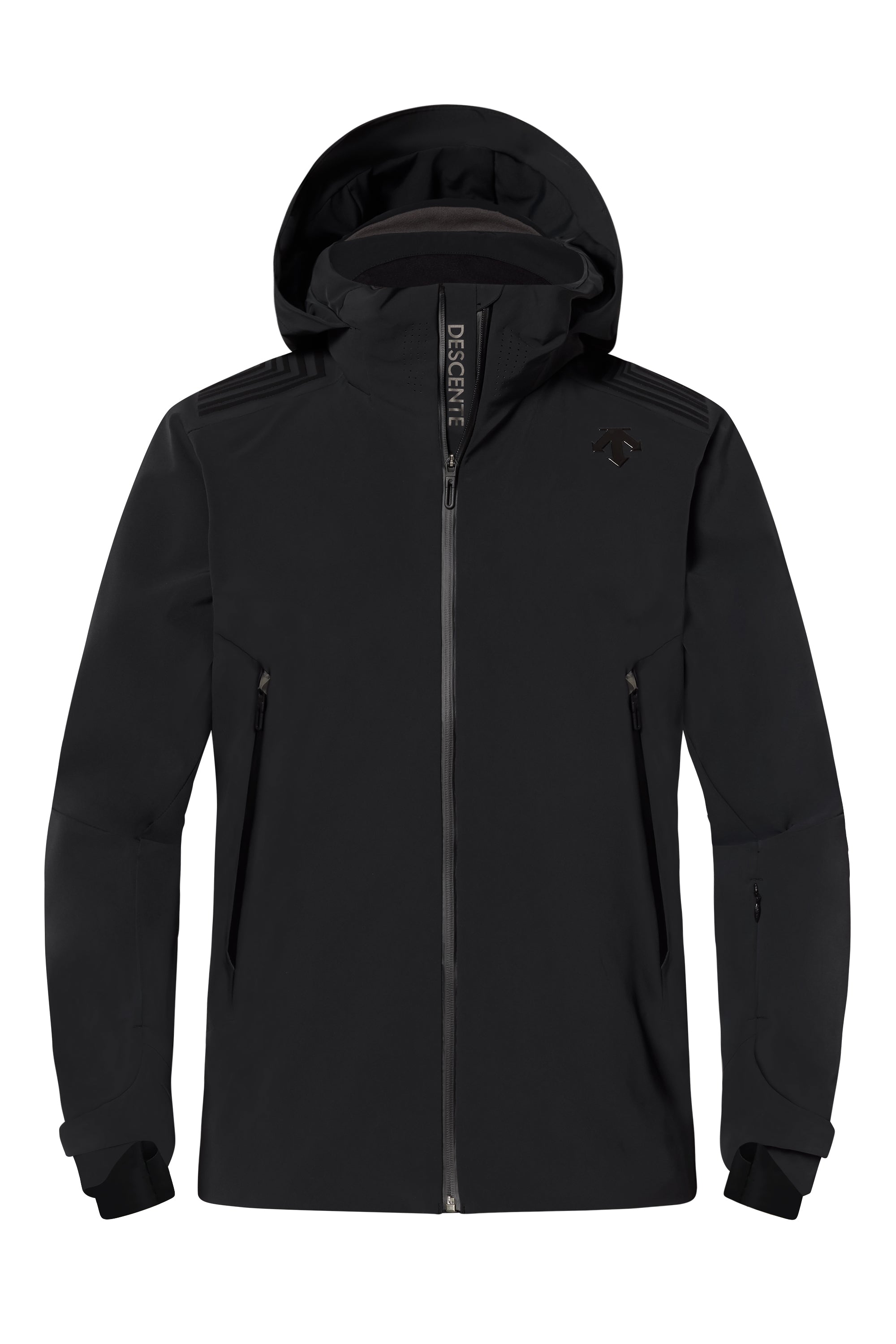 A black Descente Men's Finder ski jacket that features 20K waterproofing and 20K breathability, a premium 4-way sretch technical fabric, and a sleek silhouette.