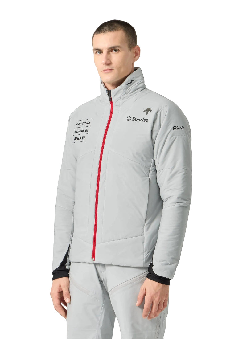 Front view of an icicle grey/marco Descente Men’s I2C Insulation Jacket featuring a 4-way stretch Dermizax shell, dual-zip front ventilation, heat-sealed chest pocket, and ergonomic Motion 3D tailored fit.