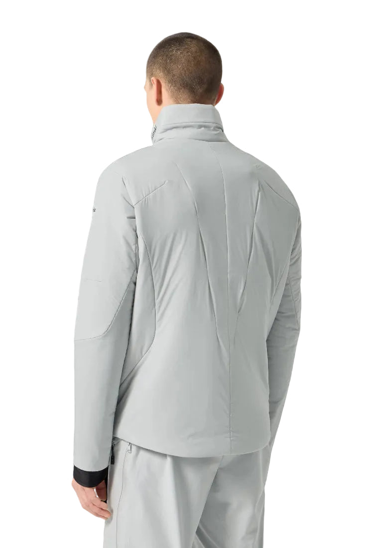 Rear view of an icicle grey/marco Descente Men’s I2C Insulation Jacket featuring a 4-way stretch Dermizax shell, dual-zip front ventilation, heat-sealed chest pocket, and ergonomic Motion 3D tailored fit.