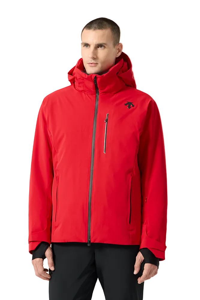 Front view of an electric red Descente Men's Josh Jacket featuring 4-way stretch Dermizax fabric, minimal seam construction, heat-sealed chest pocket, and underarm zip ventilation.