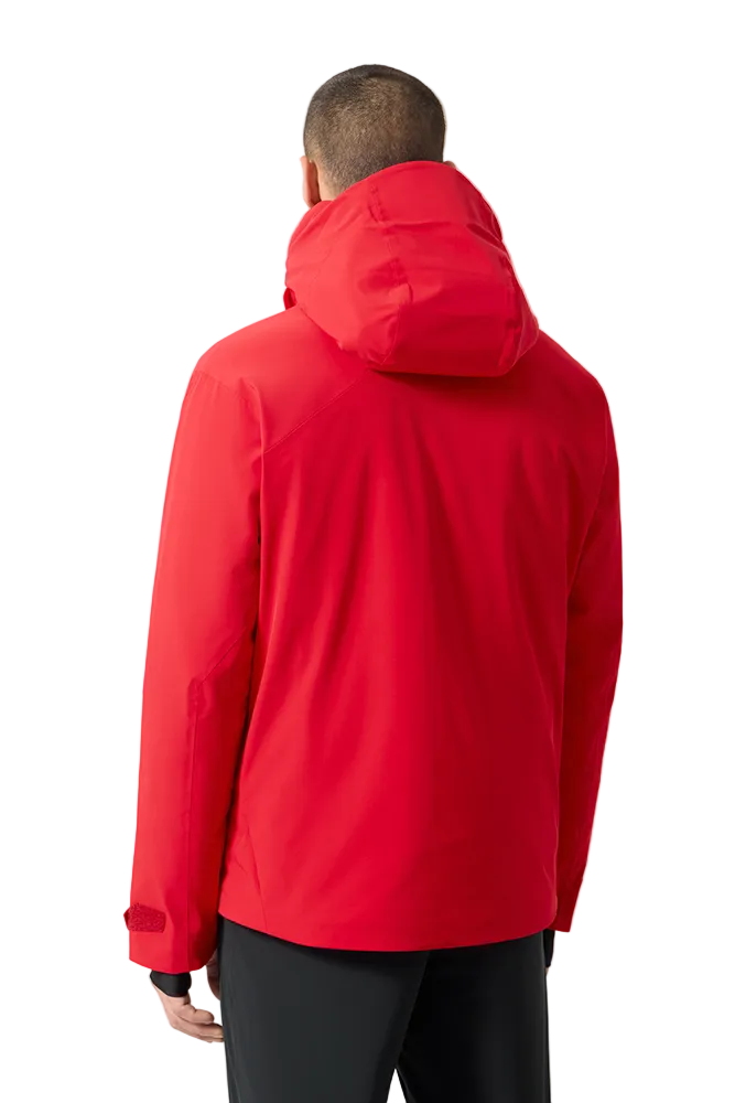 Rear view of an electric red Descente Men's Josh Jacket featuring 4-way stretch Dermizax fabric, minimal seam construction, heat-sealed chest pocket, and underarm zip ventilation.