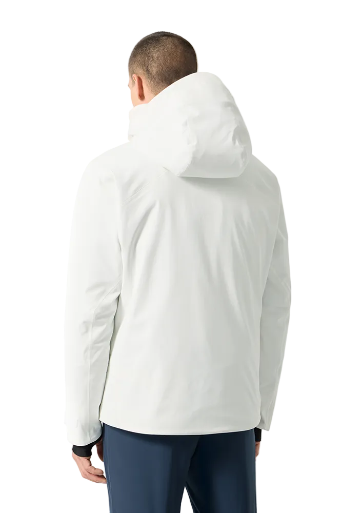 Rear view of a super white Descente Men's Josh Jacket featuring 4-way stretch Dermizax fabric, minimal seam construction, heat-sealed chest pocket, and underarm zip ventilation.