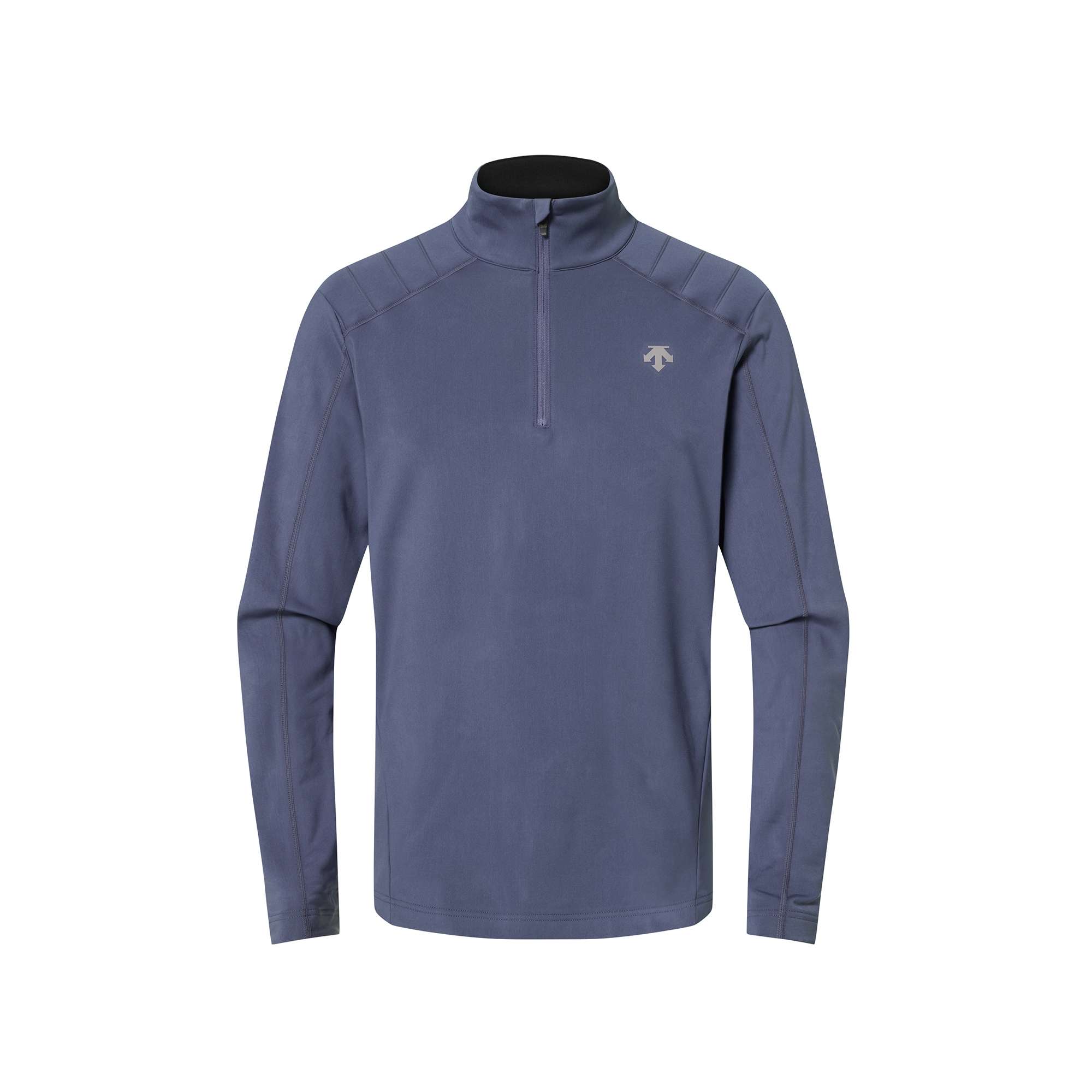 A grey Descente Men's Shoulder Trim turtleneck sweater that is made from a premium technical fabric.