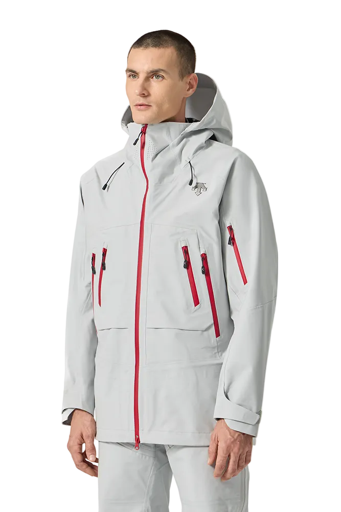 Front view of the Descente Men's S.I.O Shell 3L Jacket featuring 3-layer 4-way stretch Dermizax fabric, S.I.O seam-reduced construction, Dual Zip front ventilation system, and chest vent pockets.