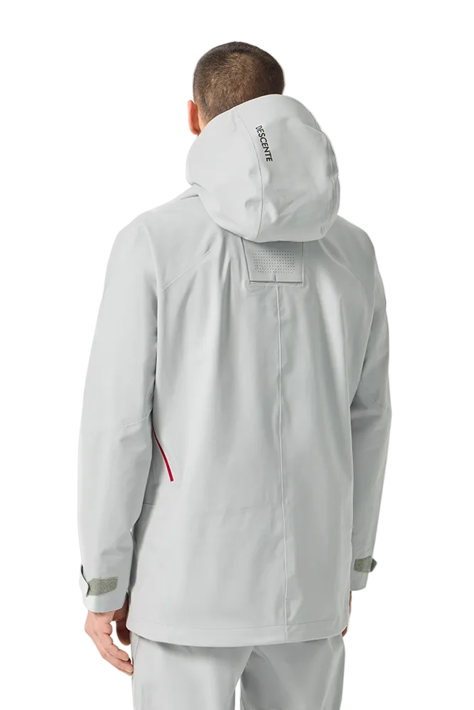Rear view of the Descente Men's S.I.O Shell 3L Jacket featuring 3-layer 4-way stretch Dermizax fabric, S.I.O seam-reduced construction, Dual Zip front ventilation system, and chest vent pockets.