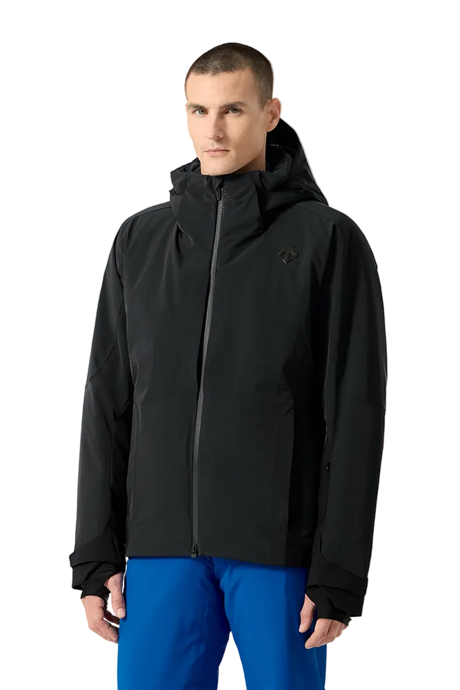 Front view of a black Descente Men's Swiss Down Jacket featuring 4-way stretch Dermizax fabric, Heat Navi thermal insulation, Dual Zip front adjustment system, integrated Breath Ventilation collar, and waterproof YKK zippers.