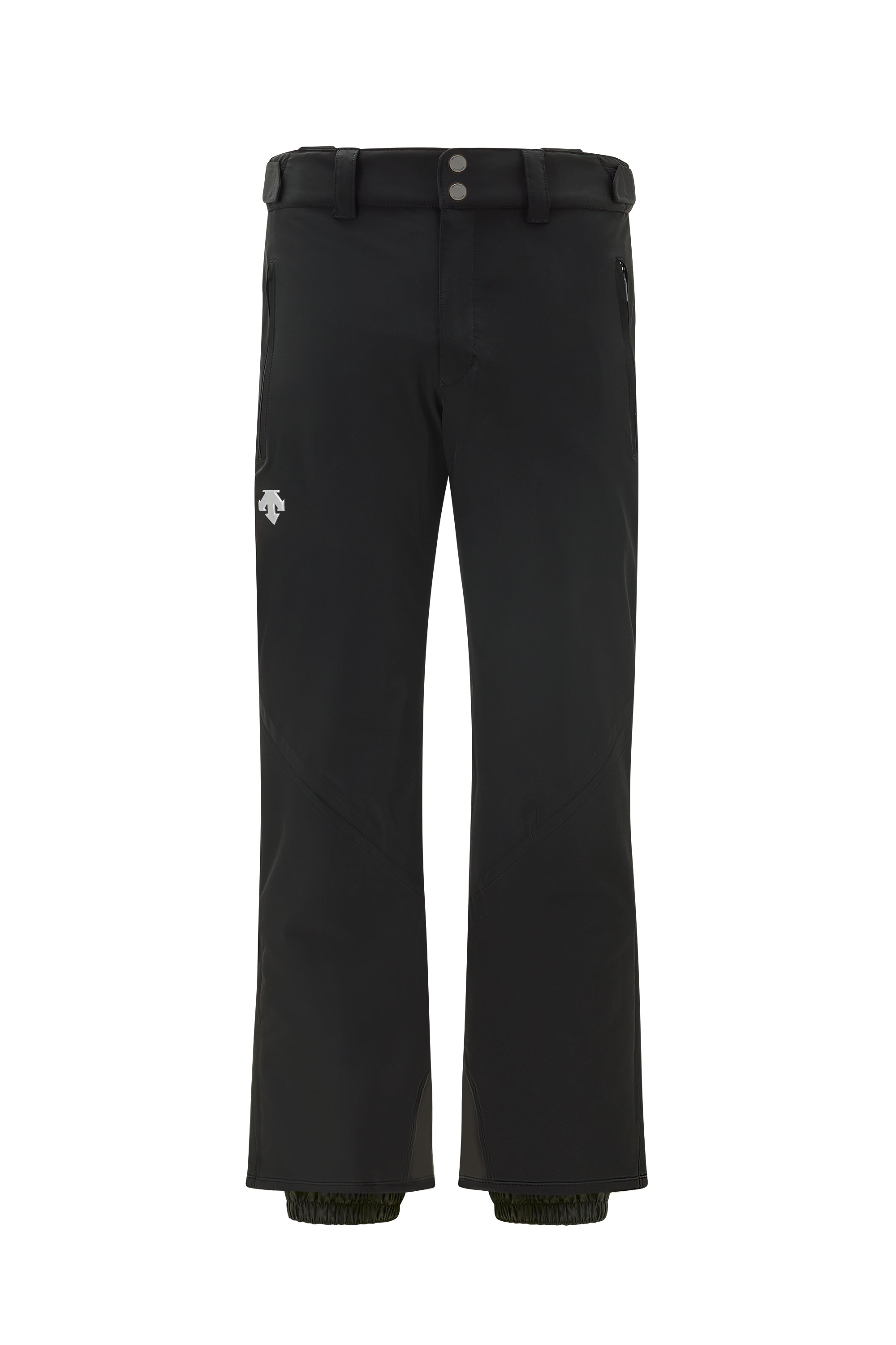 A pair of black Descente Men's Insulated Swiss Ski Pants that feature 20K waterproofing and 20K breathability, a premium 4-way stretch technicl fabric, and a sleek silhouette.