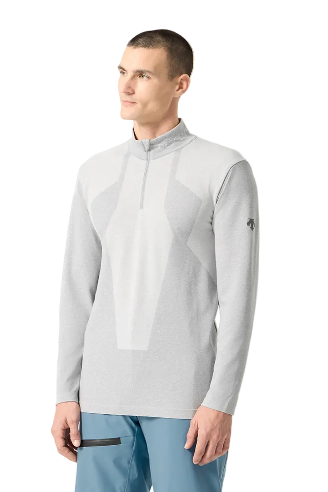 Front view of the icicle white Descente Men's Ventilation Turtleneck Sweater featuring Heat Navi technical stretch knit fabric, high-neck protection, laser-cut ventilation micro-holes, and flatlock seams.