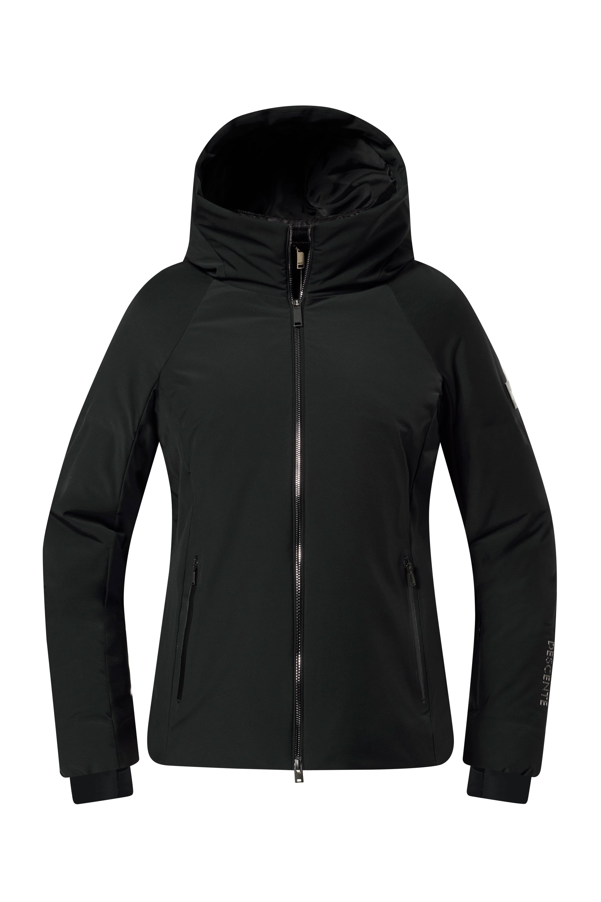 A black Descente Women's Double Collar Ski Jacket that features a 20K waterproof and 20K breathable membrane, a premium 4-way stretch technical fabric, and a flattering silhouette.