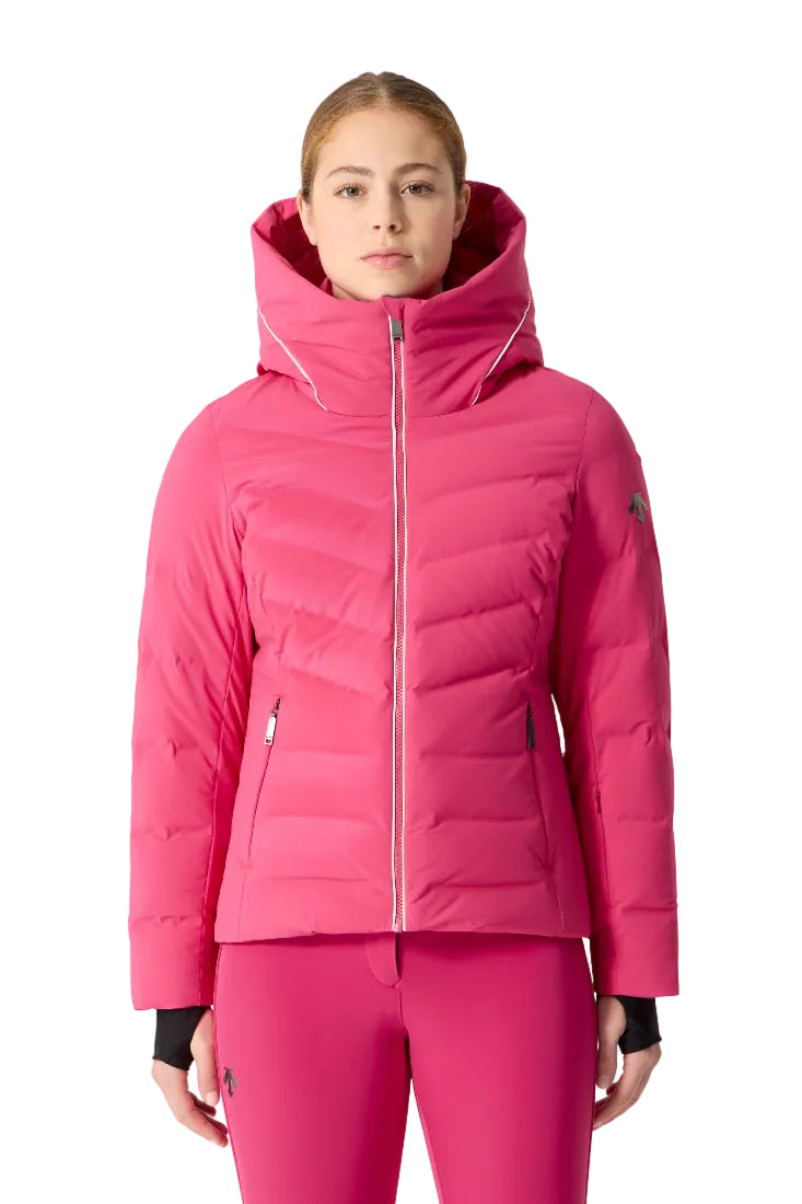 Front view of a fuschia pink Descente Women’s Down Jacket featuring welded down baffles, a 4-way stretch Dermizax shell, an integrated storm hood, and a tailored silhouette.