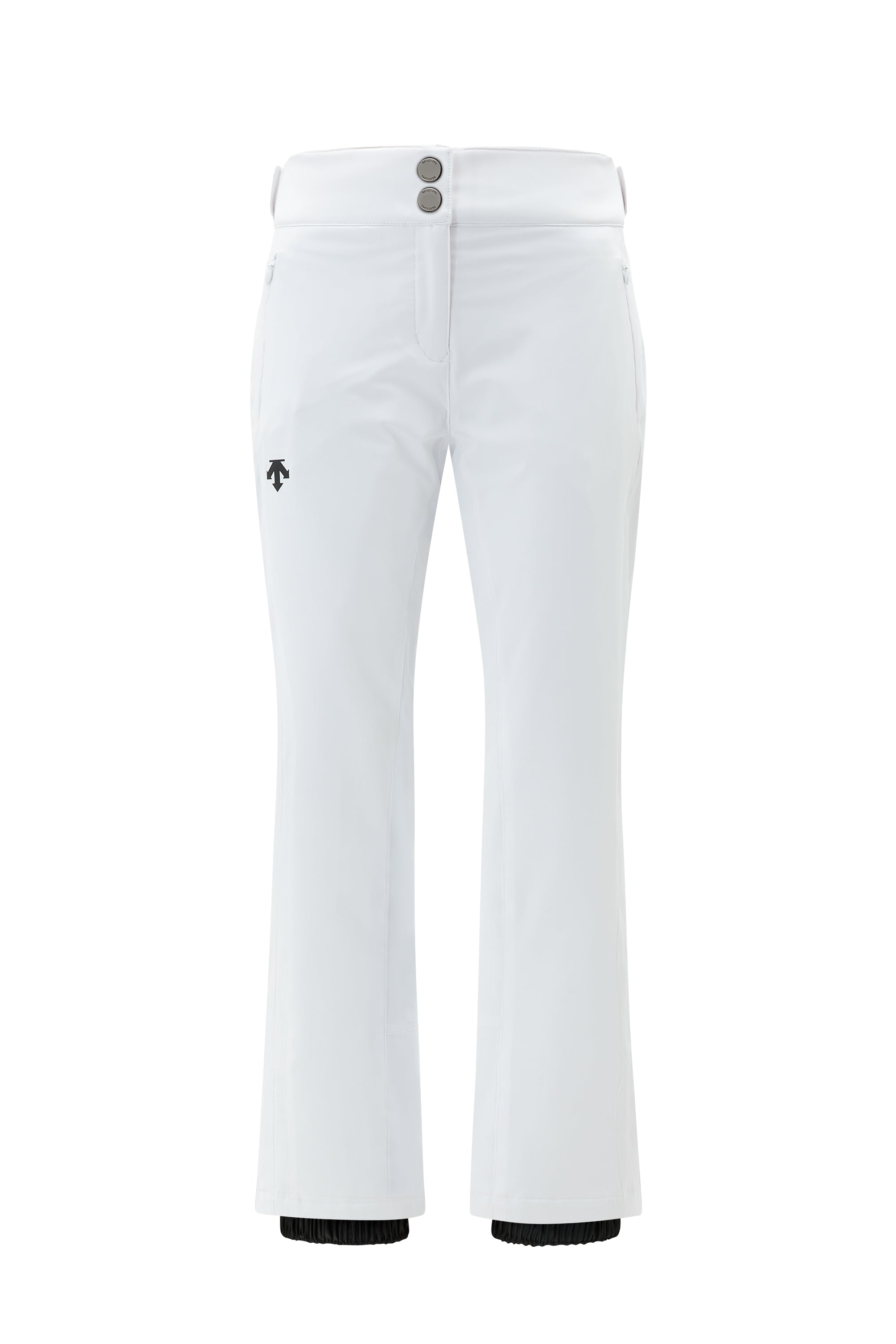 A pair of white Descente Women’s Giselle Ski Pants that feature a 20K waterproof 20K breathability membrane, a premium 4-way stretch technical fabric, and a form-flattering silhouette.