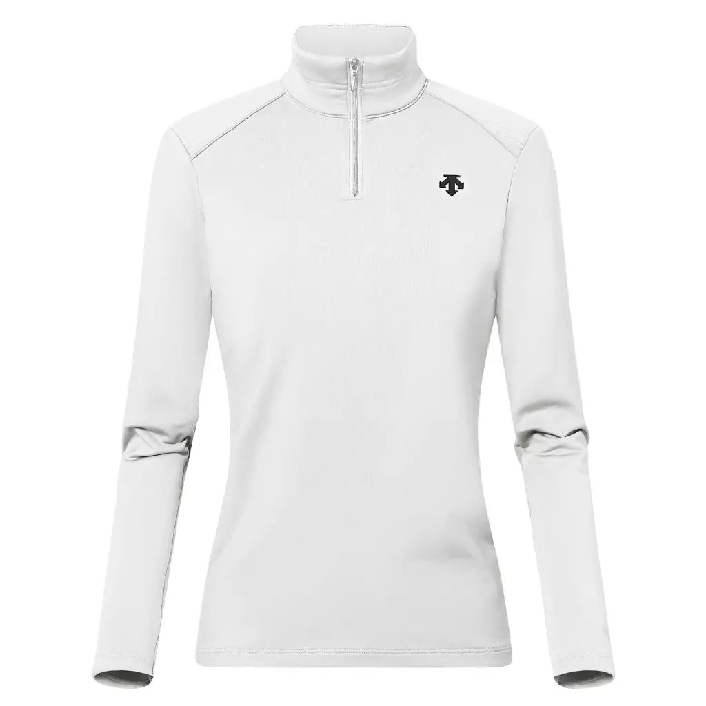 A white Descente Women's Grace T-Neck sweater that is made from a premium technical fabric.