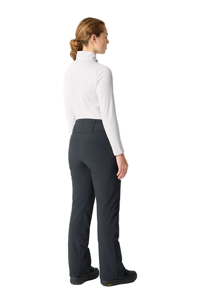 Rear view of black Descente Women's Insulated Pants featuring 4-way stretch Dermizax fabric, S.I.O ergonomic articulation, adjustable waist tabs, and reinforced Cordura edge guards.