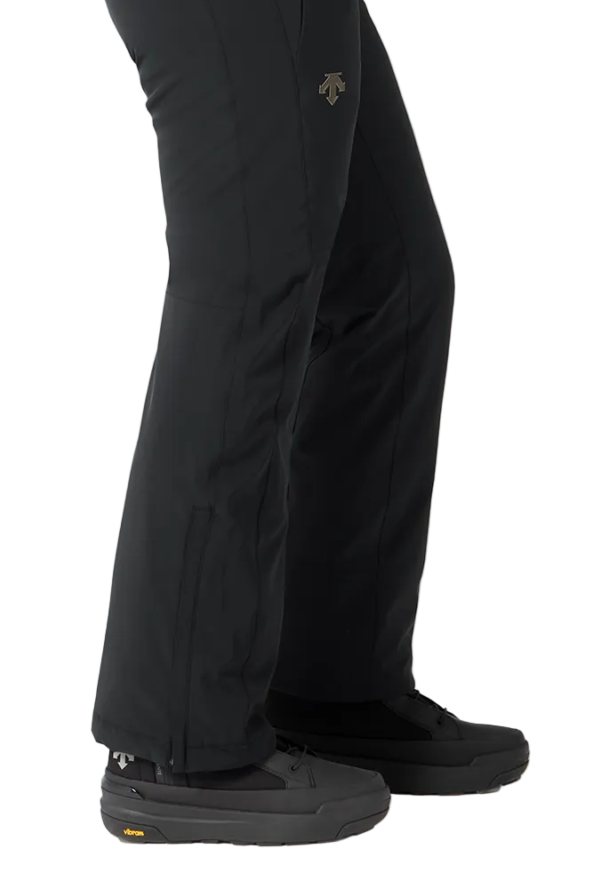 Side view of black Descente Women's Insulated Pants featuring 4-way stretch Dermizax fabric, S.I.O ergonomic articulation, adjustable waist tabs, and reinforced Cordura edge guards.