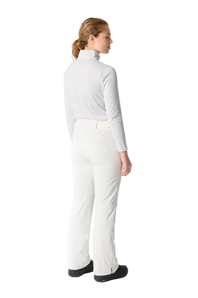 Rear view of super white Descente Women's Insulated Pants featuring 4-way stretch Dermizax fabric, S.I.O ergonomic articulation, adjustable waist tabs, and reinforced Cordura edge guards.