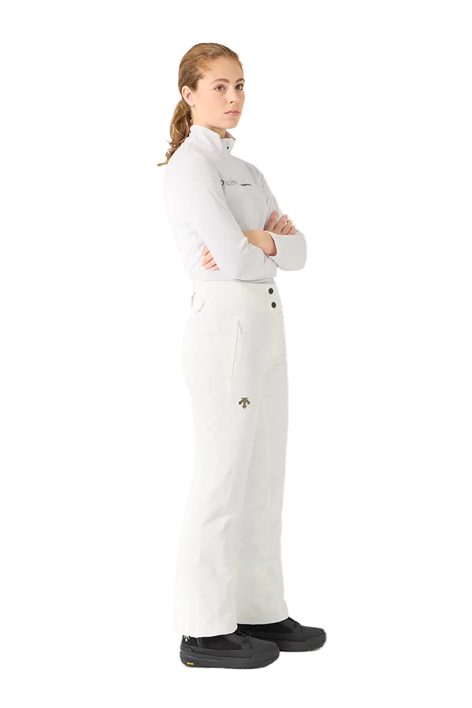 Side view of super white Descente Women's Insulated Pants featuring 4-way stretch Dermizax fabric, S.I.O ergonomic articulation, adjustable waist tabs, and reinforced Cordura edge guards.