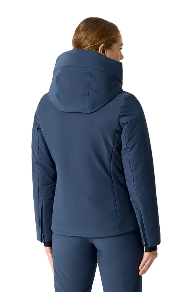 Rear view of a mountain navy Descente Women's Puff Jacket featuring 4-way stretch Dermizax fabric, high-loft baffled insulation, S.I.O pattern construction, and underarm zip ventilation.