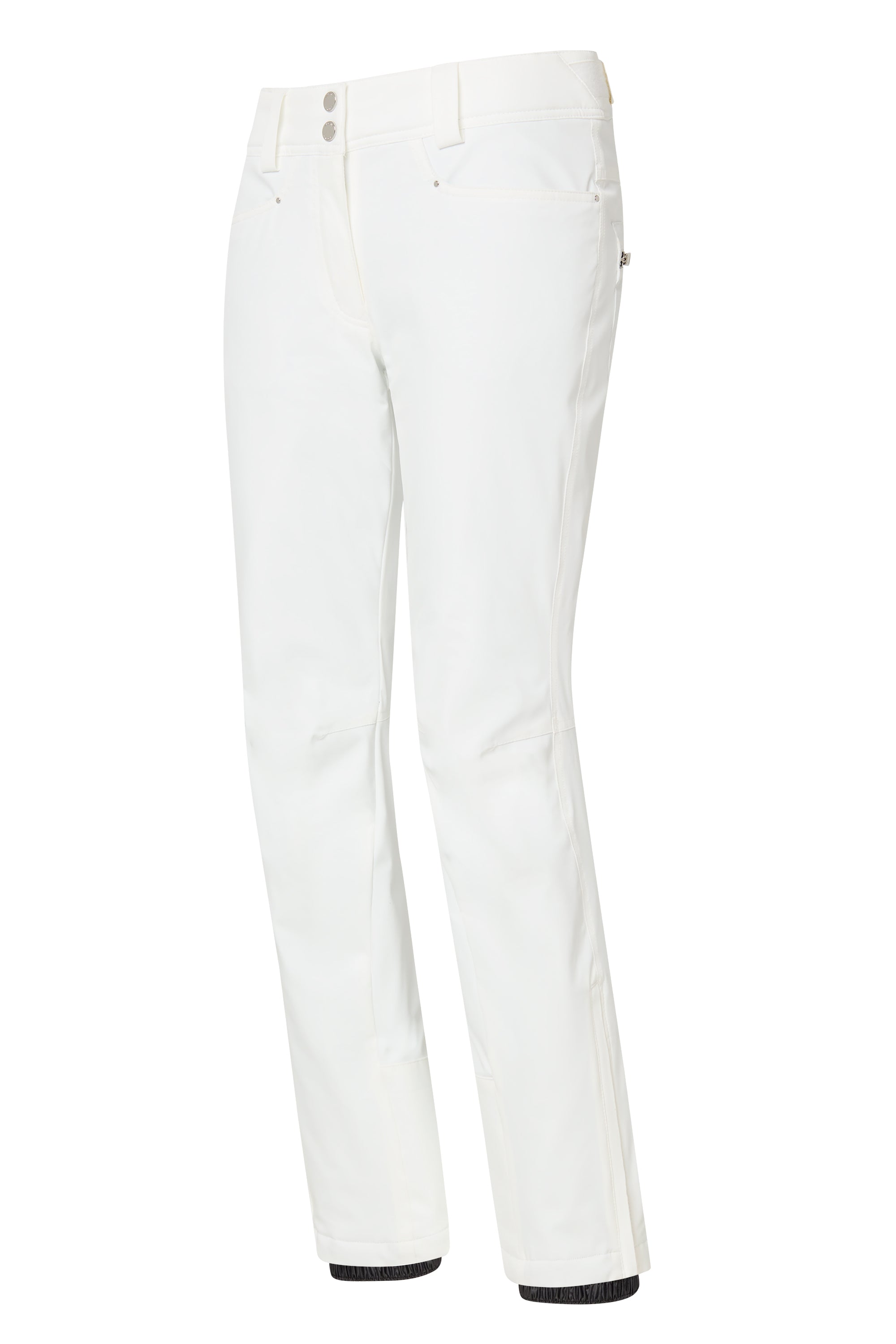 A pair of white Descente Women’s Selene Pants that are made from premium technical fabric that includes 20K waterproofing and breathability, 4-way stretch, and a sleek, flattering silhouette.