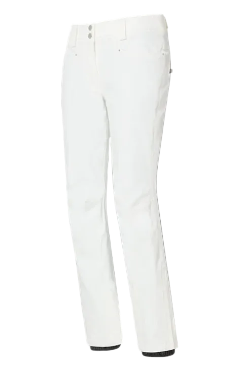 A pair of white Descente Women’s Selene Pants that are made from premium technical fabric that includes 20K waterproofing and breathability, 4-way stretch, and a sleek, flattering silhouette.