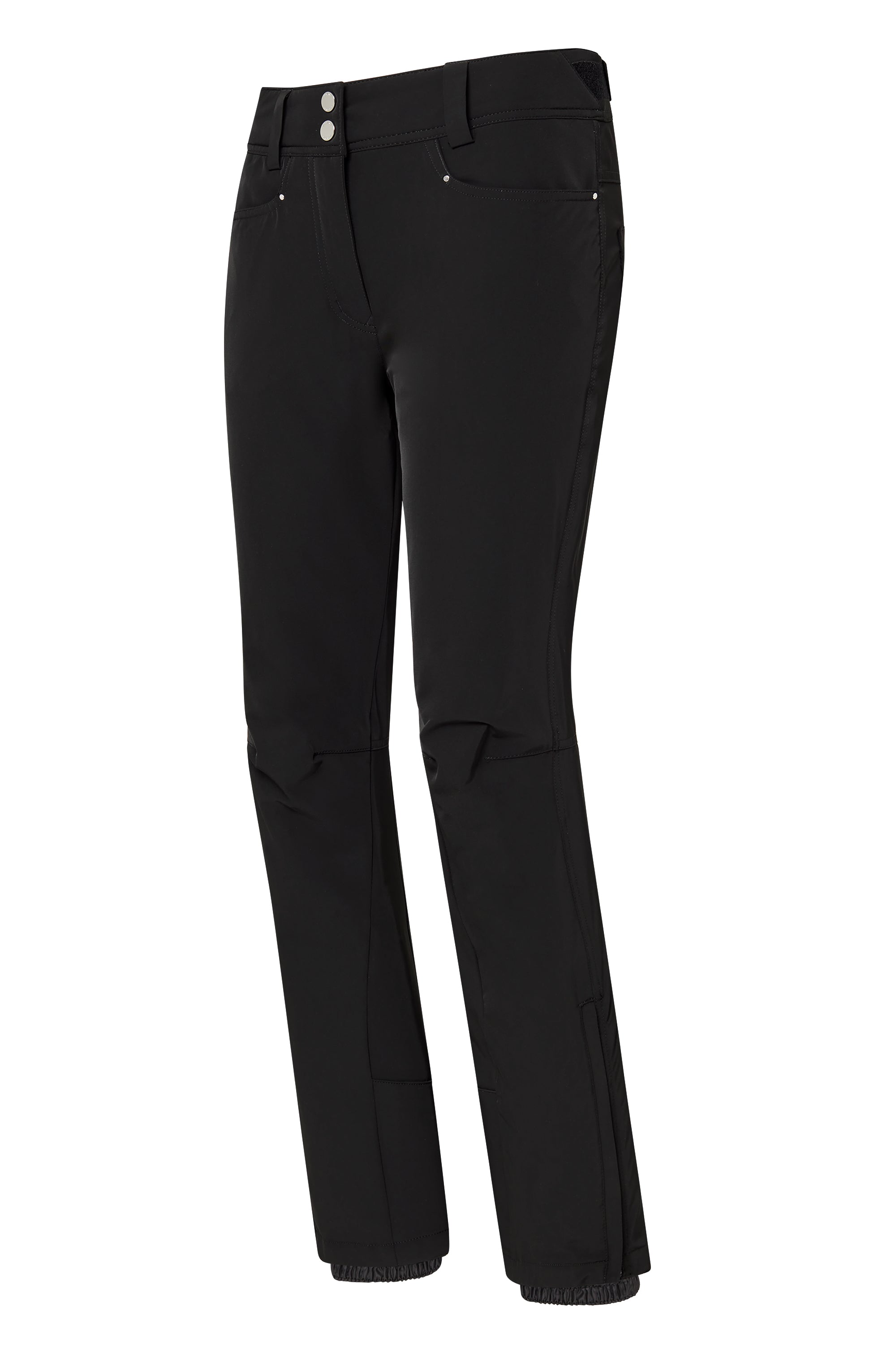 A pair of black Descente Women’s Selene Pants that are made from premium technical fabric that includes 20K waterproofing and breathability, 4-way stretch, and a sleek, flattering silhouette.