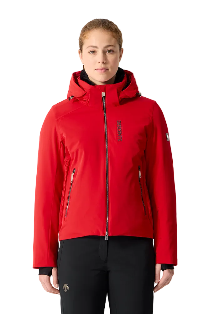 Front view of an electric red Descente Women's Shirring Jacket featuring 4-way stretch Dermizax fabric, side-panel shirring gather construction, underarm ventilation zips, and cuff zippers with Lycra gaiters.