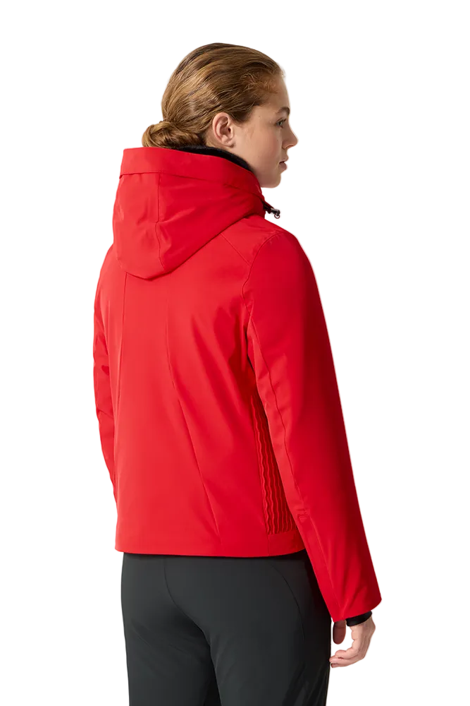 Rear view of an electric red Descente Women's Shirring Jacket featuring 4-way stretch Dermizax fabric, side-panel shirring gather construction, underarm ventilation zips, and cuff zippers with Lycra gaiters.