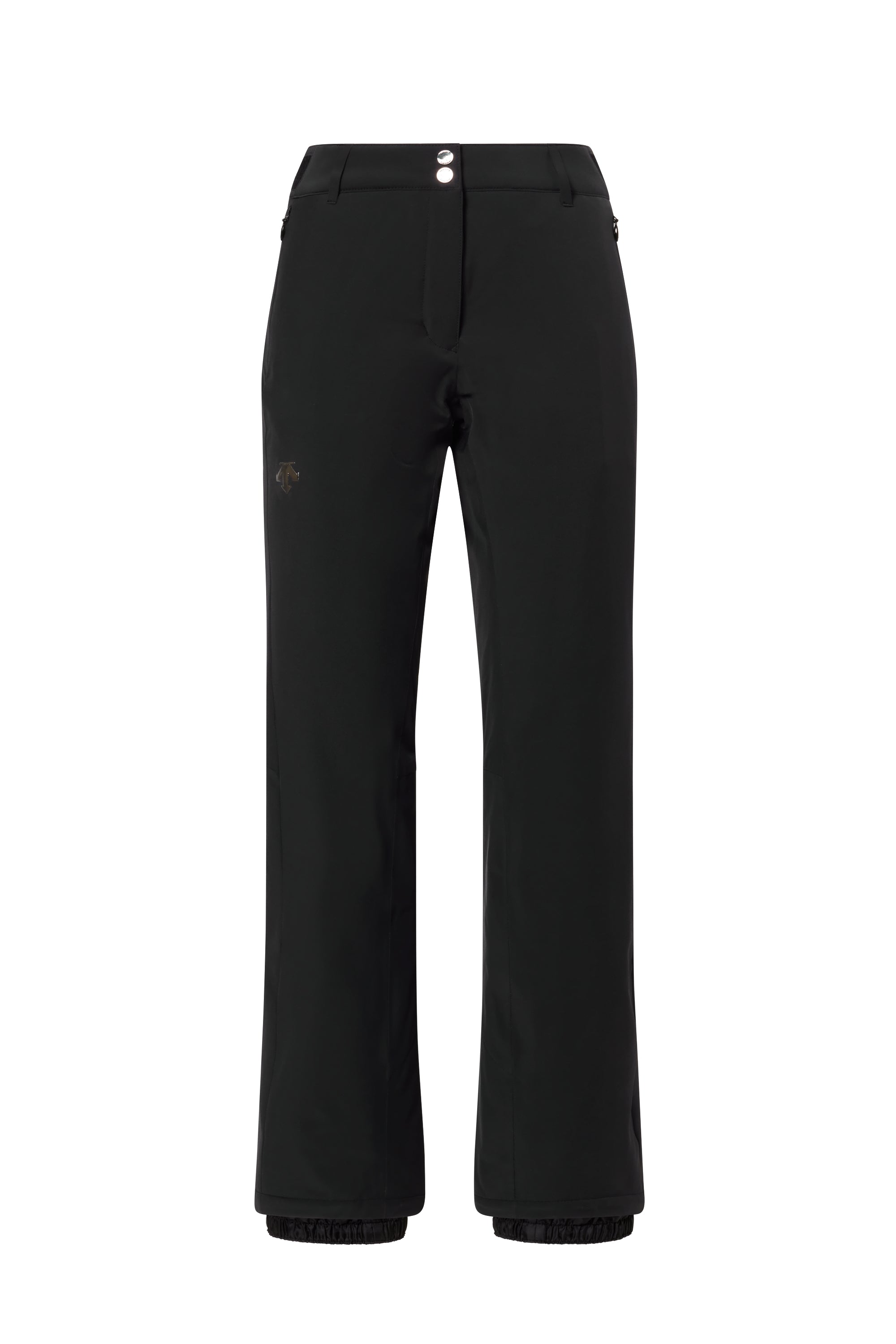 A pair of black Descente Women's Smooth insulated ski pants that feature a 20K waterproofing and 20K breathability membrane, a premium 4-way stretch technical fabric, and a sleek, flattering silhouette.