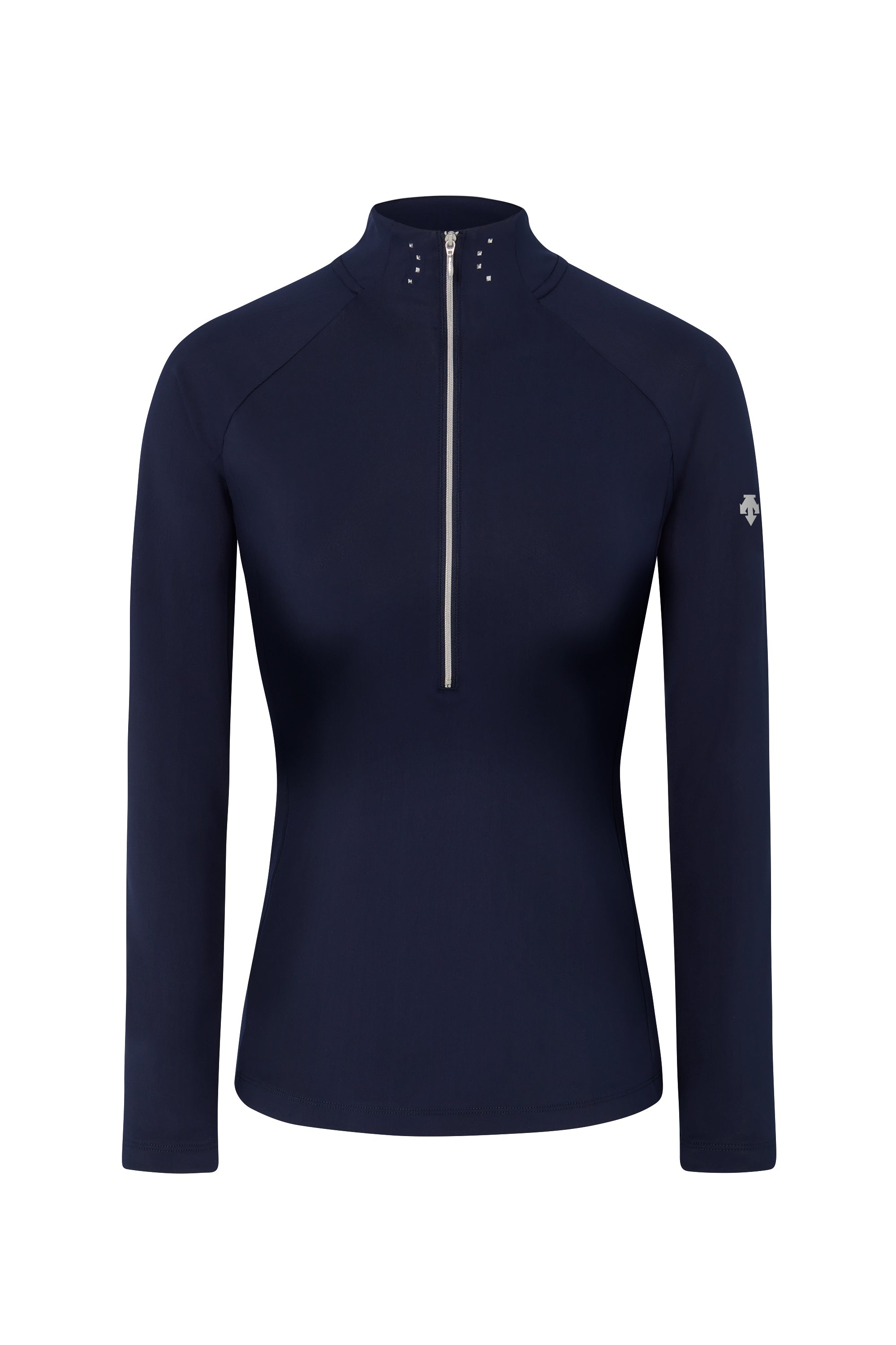 A navy Descente Women’s Sylvia T-Neck sweater that is made from a premium 4-way stretch technical fabric.