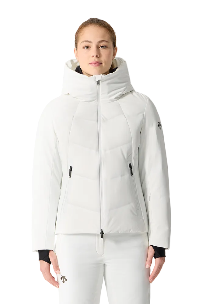 Front view of a super white Descente Women's Welded Down Jacket featuring 4-way stretch Dermizax fabric, stitchless welded down baffles, Dual Zip front ventilation system, and removable inner collar.