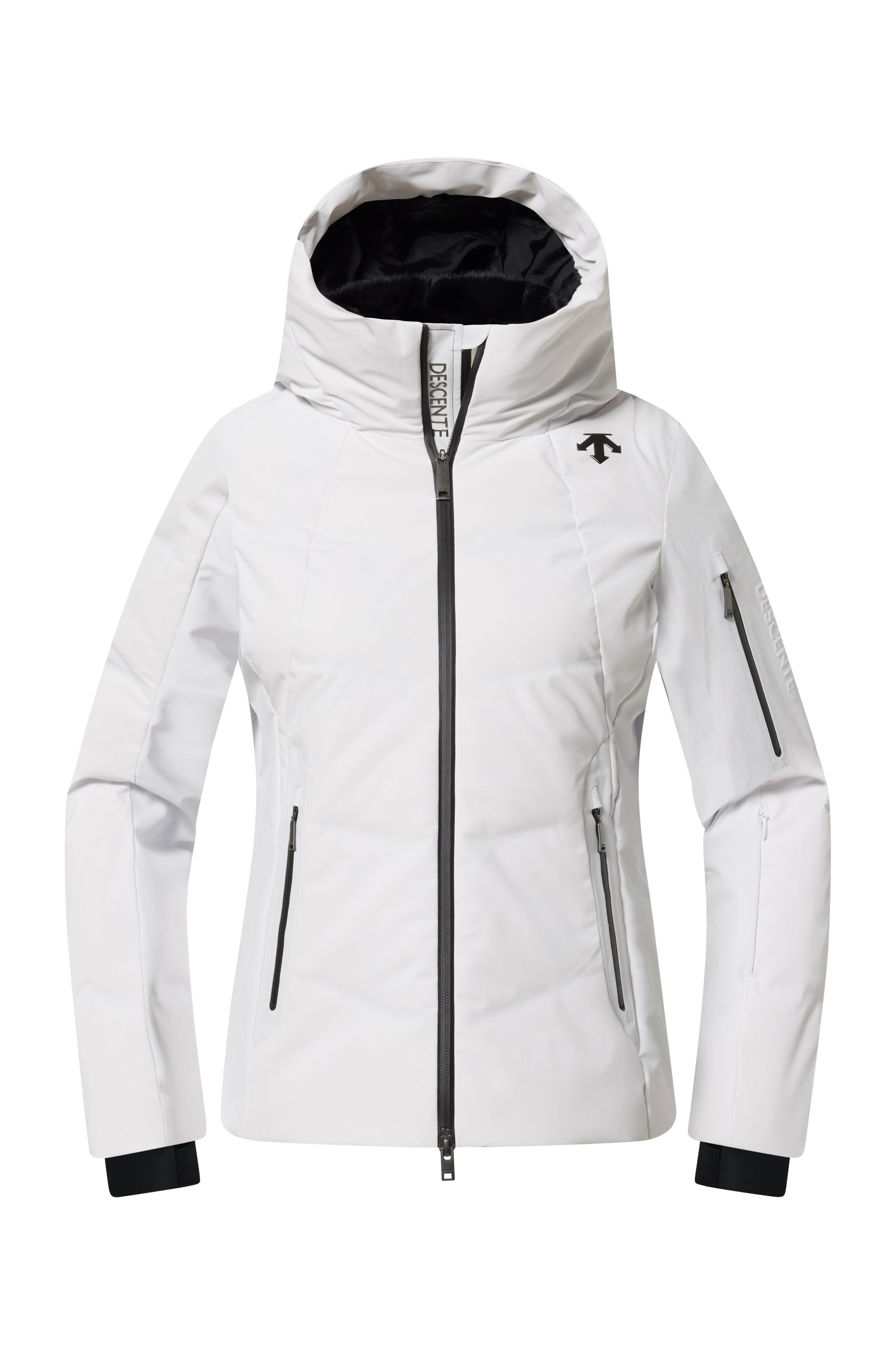 A white Descente Women's Welded Down Ski Jacket that features a 20K waterproof and 20K breathable membrane, a premium 4-way stretch technical fabric, and a flattering silhouette.