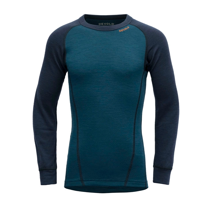 A blue and navy Devold Junior Active Merino Shirt designed for kids made from moisture-wicking, lightweight, and warm merino wool.
