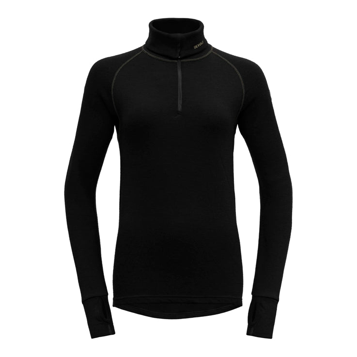 A black Devold Women's Expedition Merino 235 T-Neck Baselayer that is made from moisture-wicking, lightweight, and warm merino wool.