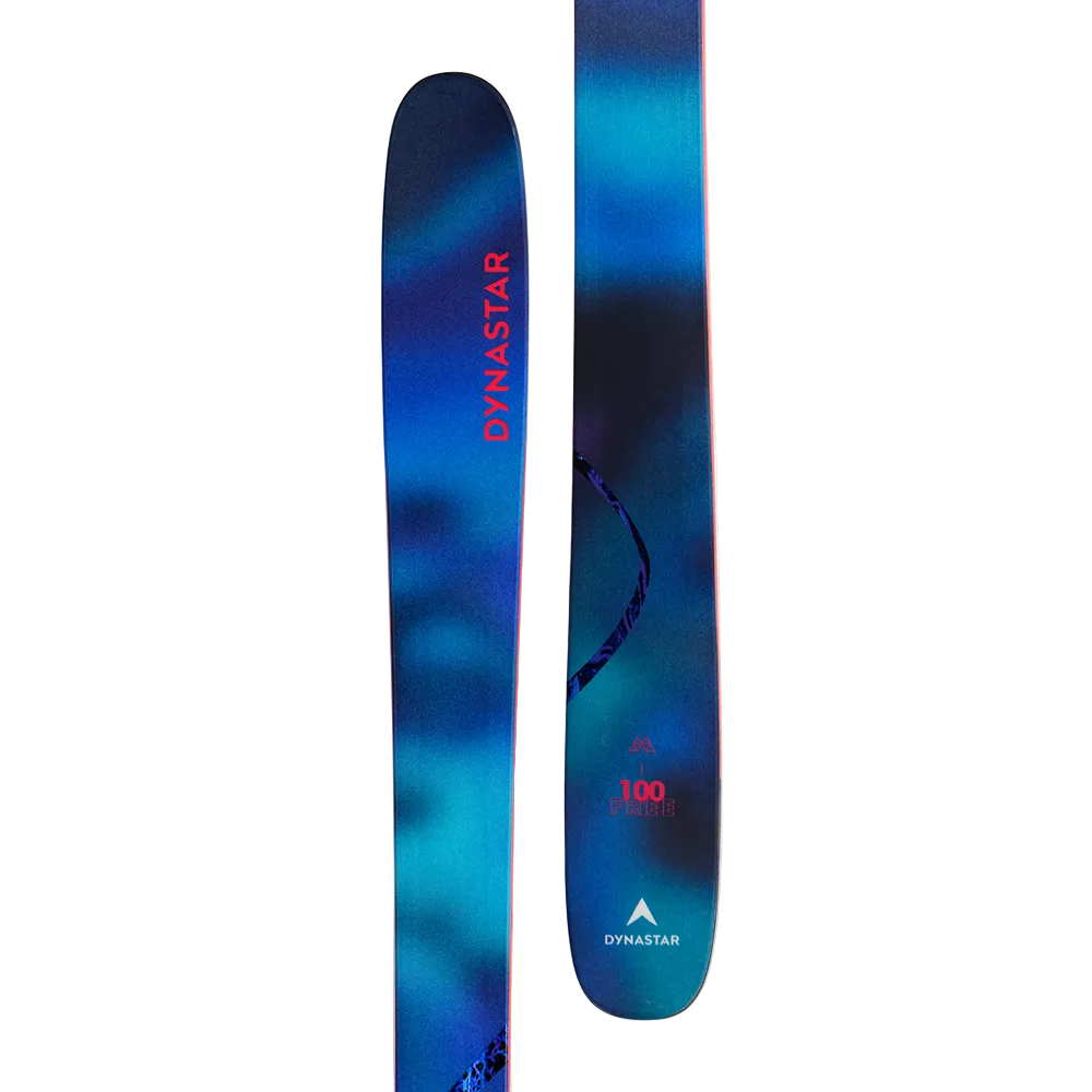 A pair of 2027 Dynastar M-Free 100 ski featuring a 100mm waist width, progressive tip and tail twin-rocker, camber underfoot, and Hybrid Core construction blending poplar wood with polyurethane, as well as full sidewall sandwich construction, fiberglass reinforcements, and a directional sidecut with a tapered tip and tail geometry.