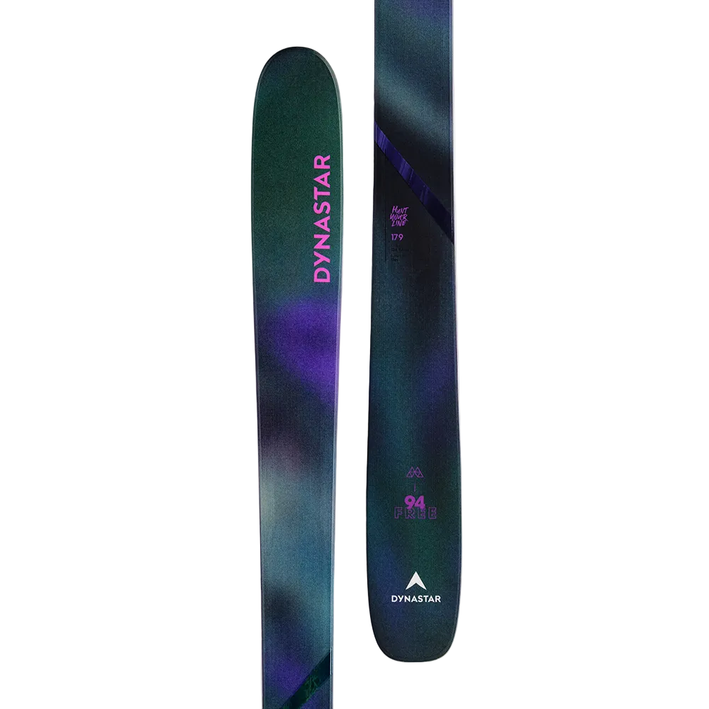 A 2027 Dynastar M-Free 94 ski featuring a progressive twin-rocker profile with camber underfoot, a 94mm waist width, and a Hybrid Core 2.0 construction blending poplar wood and polyurethane. The design highlights full sidewall sandwich construction, a directional sidecut with a tapered tip and tail, and integrated fiberglass reinforcements.