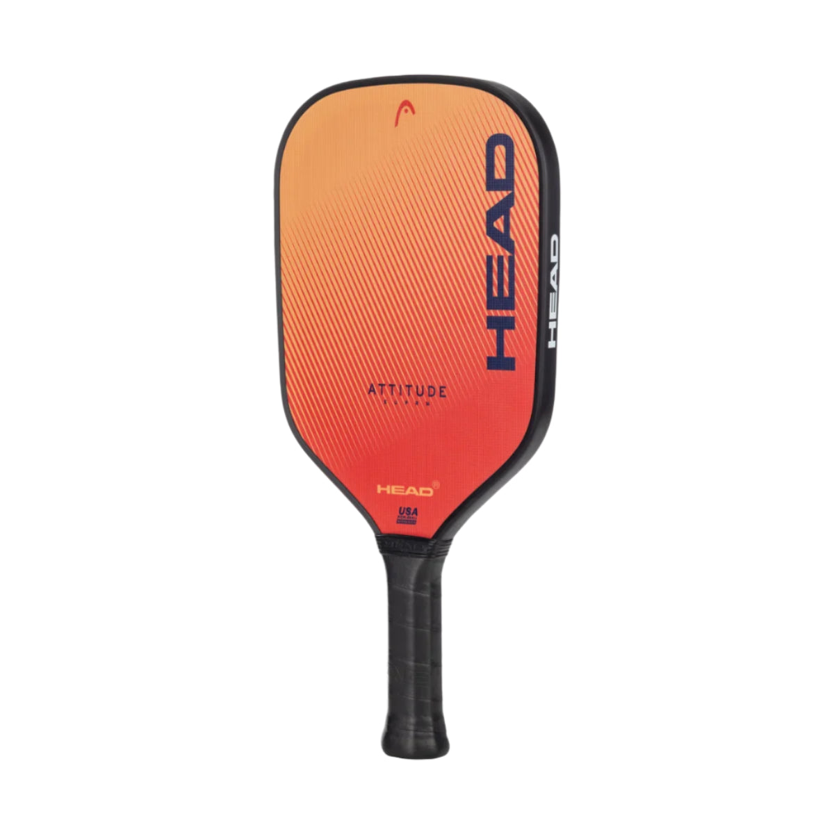A HEAD Attitude SUPRM pickleball paddle with an orange and black color scheme and the brand logo 'HEAD' in white letters on the grip.