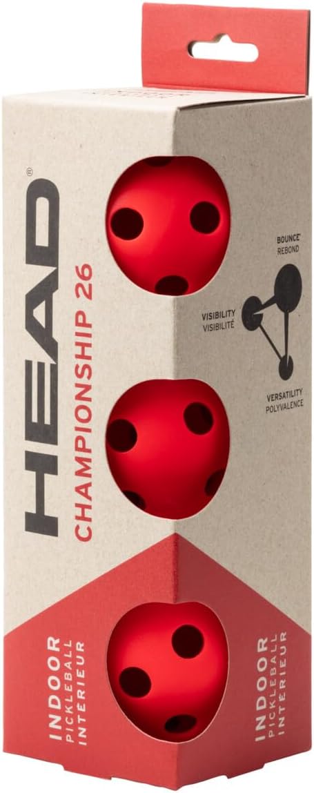 Box of HEAD Championship 26 indoor pickleballs with red balls inside