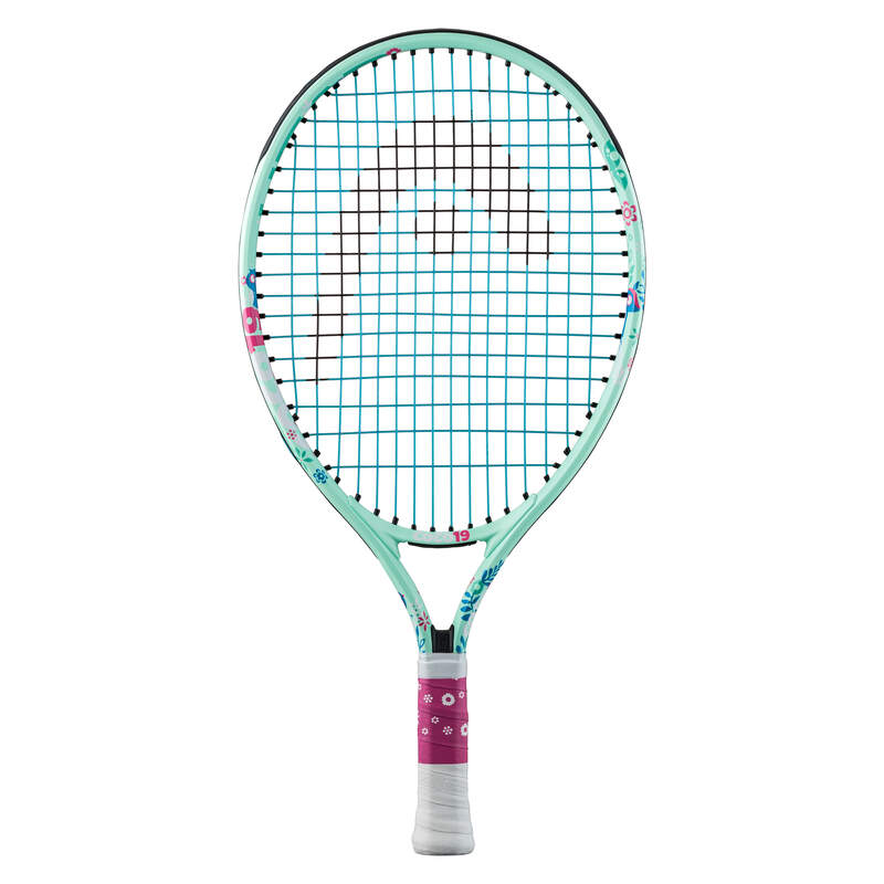 A HEAD Coco Junior 19" tennis racket that has a green and white frame with floral accents and the name 'COCO' printed on it, designed for children.