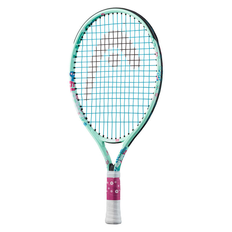 A HEAD Coco Junior 19" tennis racket that has a green and white frame with floral accents and the name 'COCO' printed on it, designed for children.