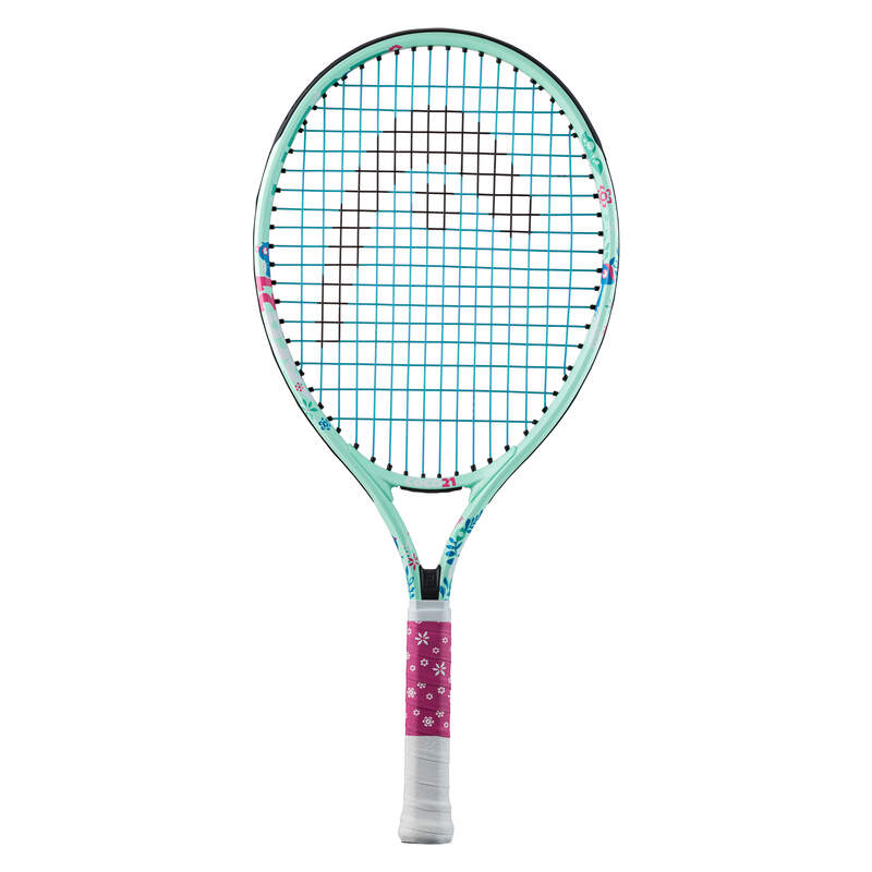 A strung HEAD Coco Junior 21 tennis racket with a green frame, white grip, and pink accents, designed for children.