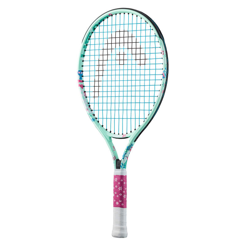 A strung HEAD Coco Junior 21 tennis racket with a green frame, white grip, and pink accents, designed for children.
