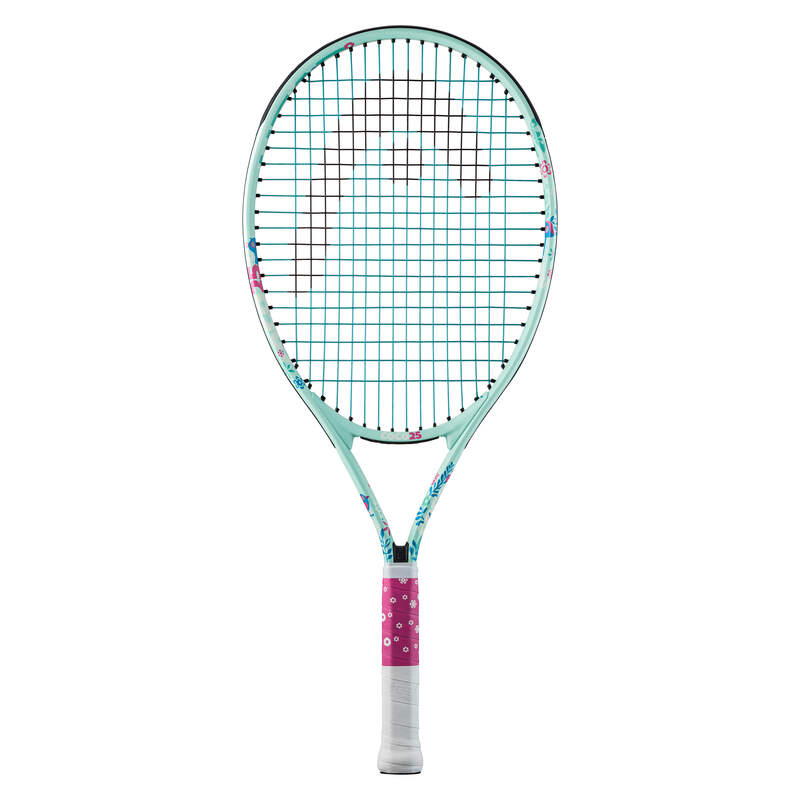 A strung HEAD Coco Junior 25 tennis racket with a colorful design, featuring a predominantly green color with white and pink accents, and the name 'COCO' prominently displayed on the frame.