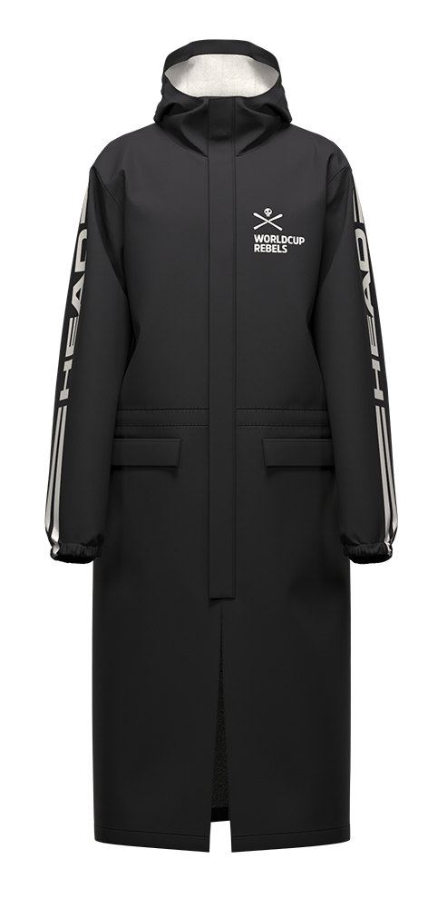 A Head Junior Race Rain Coat showing waterproof breathable membrane with taped seams, fixed fully adjustable hood, 2-way center-front zip with storm flap, taped side zip openings for leg access, and elasticated cuffs.