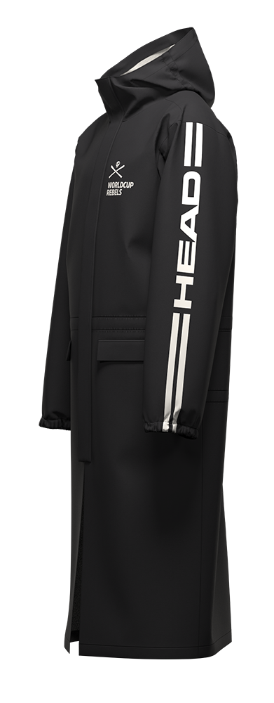 A Head Junior Race Rain Coat showing waterproof breathable membrane with taped seams, fixed fully adjustable hood, 2-way center-front zip with storm flap, taped side zip openings for leg access, and elasticated cuffs.