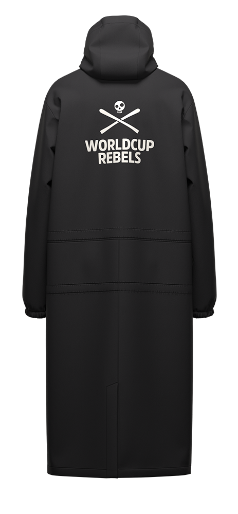 A Head Junior Race Rain Coat showing waterproof breathable membrane with taped seams, fixed fully adjustable hood, 2-way center-front zip with storm flap, taped side zip openings for leg access, and elasticated cuffs.
