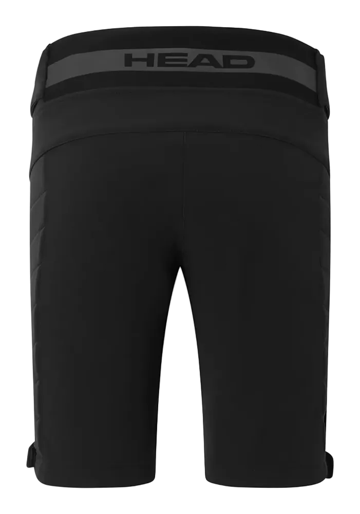 Head Junior Race Shorts showing softshell fabric with DWR finish, padded side protection inserts, full-length 2-way full-zip leg openings, inner leg anti-slip elastic hems, and adjustable waistband with wide elastic back.