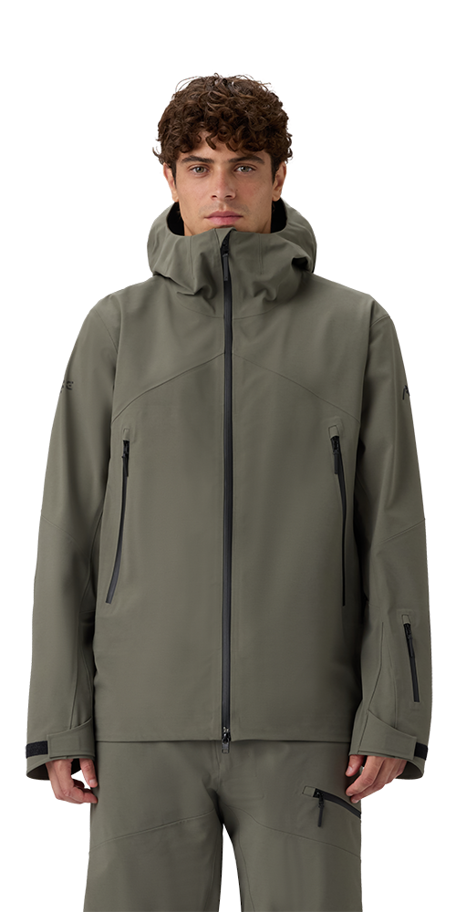 Head Men’s Kore II Jacket showing 3-layer IAM 2020 waterproof breathable membrane fabric, fully taped seams, YKK AquaGuard® water-resistant zippers, fixed helmet-compatible hood, pit zip ventilation, and adjustable cuffs.